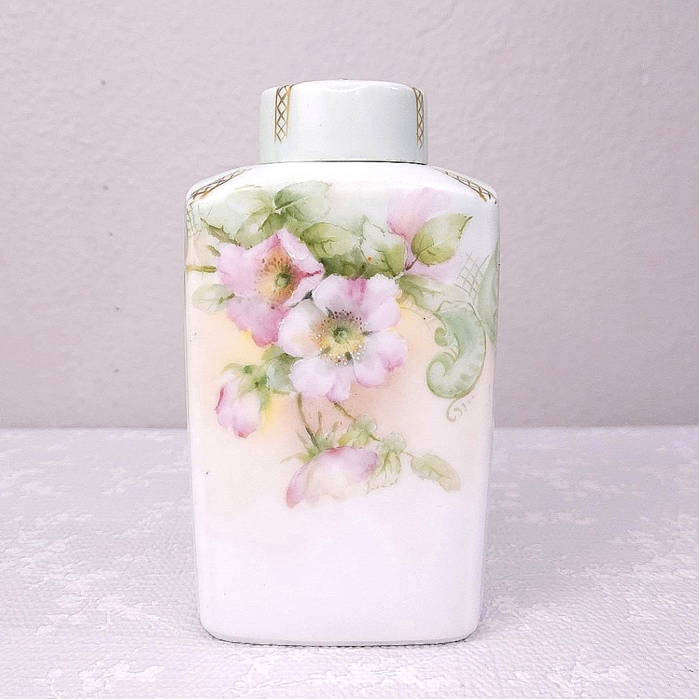 T&V Limoges France Antique Porcelain Jar & Lid Hand Painted Vanity Jar